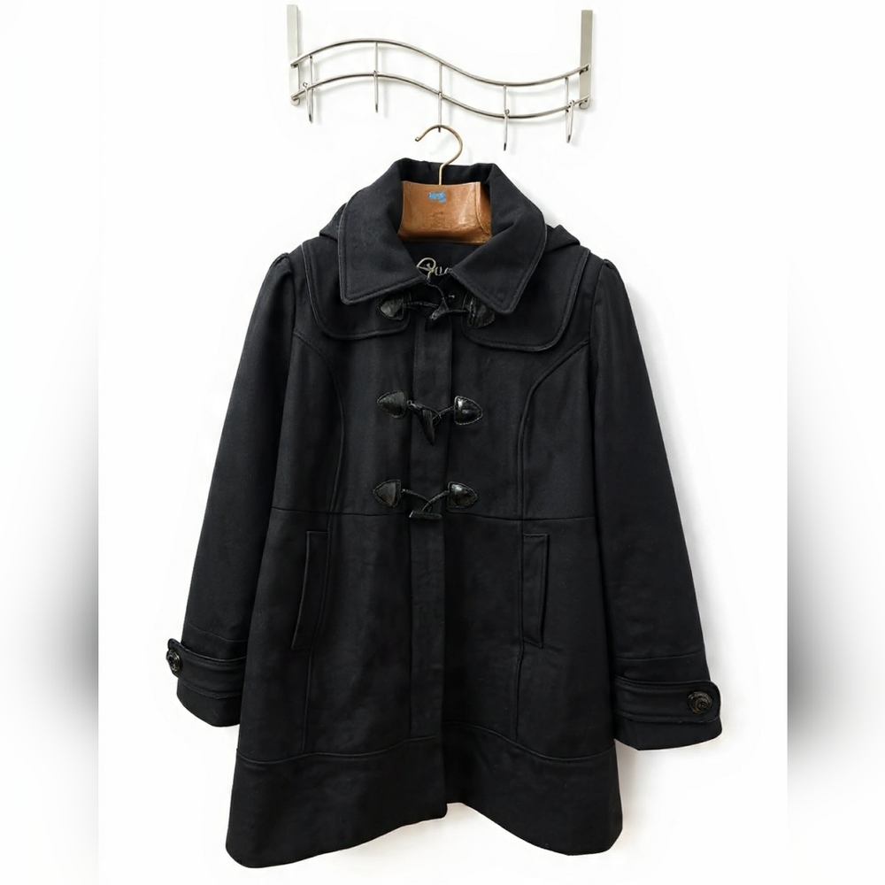 Guess Vtg Black Pea Coat with Patent Leather Toggle Closures Goth Streetwear